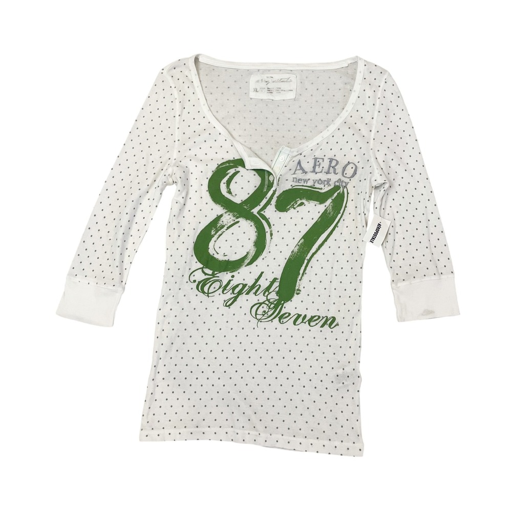NEW Aeropostale Vintage Y2K 87 Graphic Polka Dot Henley Top White Green Size XL